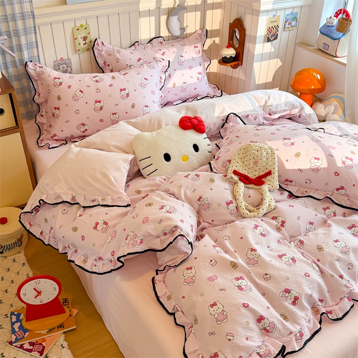 91家纺网 家纺一手货源 找家纺 森璐家纺 2025新款云感皱皱双层纱黑色包边四件套 黑边-喵喵酱