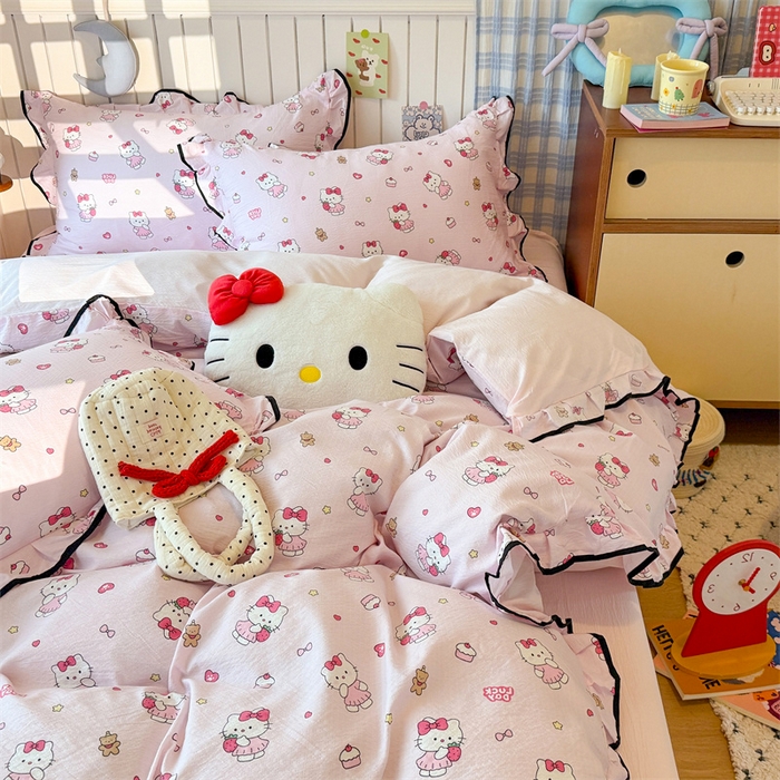 91家纺网 家纺一手货源 找家纺 森璐家纺 2025新款云感皱皱双层纱黑色包边四件套 黑边-喵喵酱