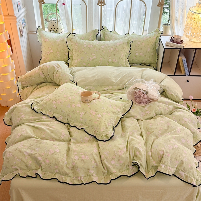 森璐家纺 2025新款云感皱皱双层纱黑色包边四件套 黑边-木槿绿