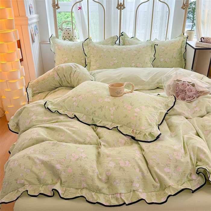 91家纺网 家纺一手货源 找家纺 森璐家纺 2025新款云感皱皱双层纱黑色包边四件套 黑边-木槿绿