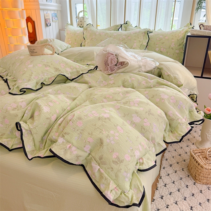 91家纺网 家纺一手货源 找家纺 森璐家纺 2025新款云感皱皱双层纱黑色包边四件套 黑边-木槿绿