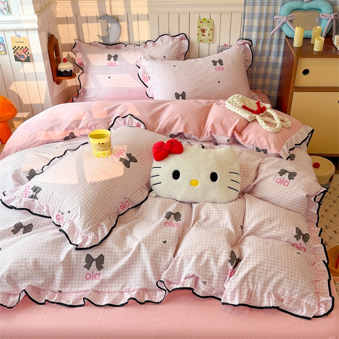 森璐家纺 2025新款云感皱皱双层纱黑色包边四件套 黑边-少女日记