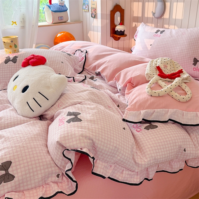 91家纺网 家纺一手货源 找家纺 森璐家纺 2025新款云感皱皱双层纱黑色包边四件套 黑边-少女日记