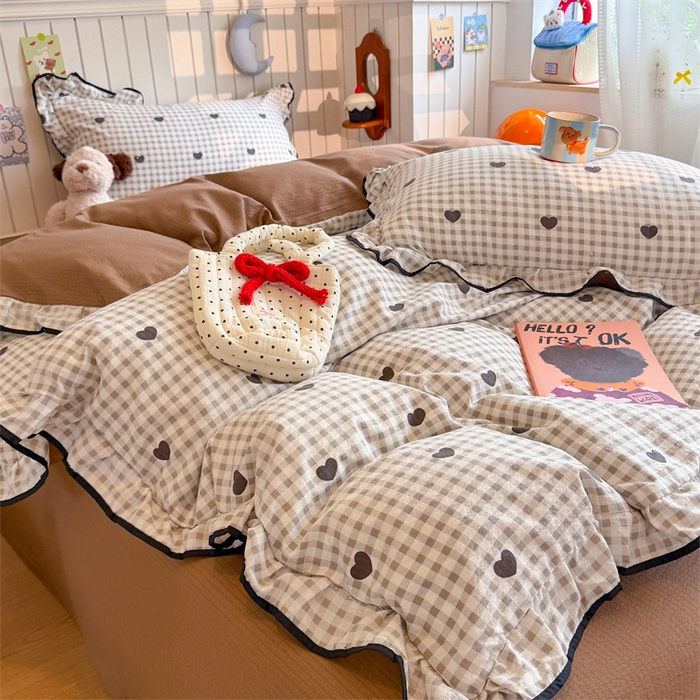 91家纺网 家纺一手货源 找家纺 森璐家纺 2025新款云感皱皱双层纱黑色包边四件套 黑边-心格