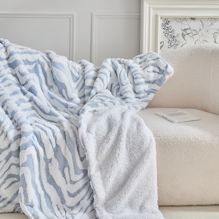 缘生活 2025新款阳离子斑马纹羊羔绒毛毯 斑马纹绒毛毯-蓝色