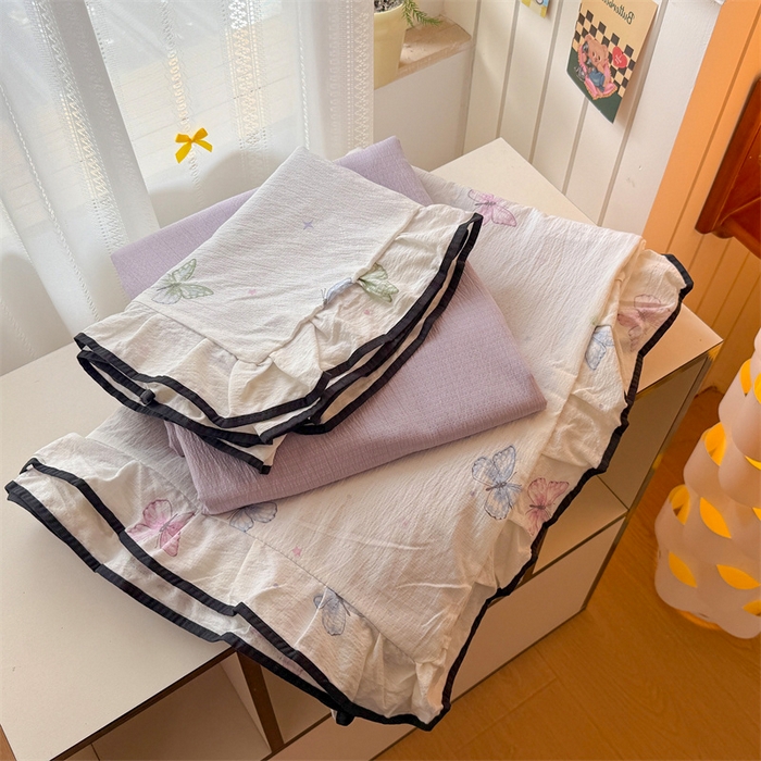 91家纺网 家纺一手货源 找家纺 森璐家纺 2025新款云感皱皱双层纱黑色包边四件套 黑边-炫彩蝴蝶