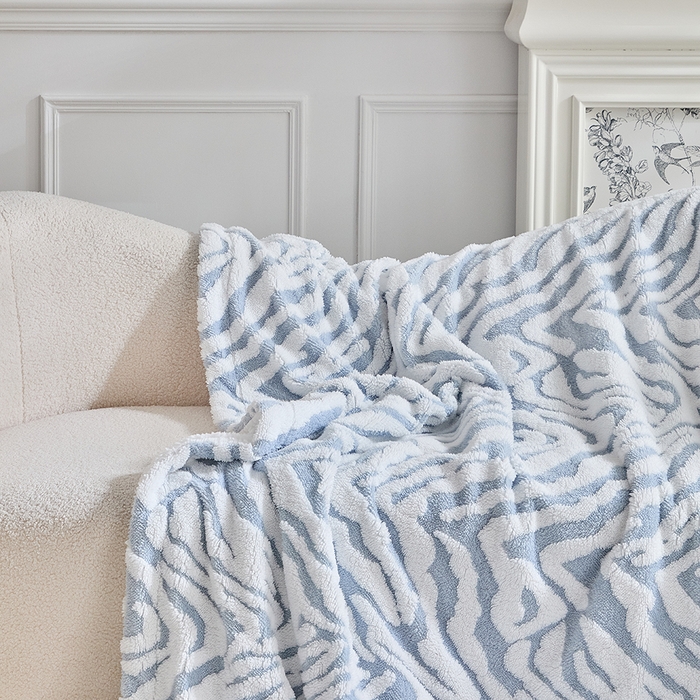 91家纺网 家纺一手货源 找家纺 缘生活 2025新款阳离子斑马纹羊羔绒毛毯 斑马纹绒毛毯-蓝色