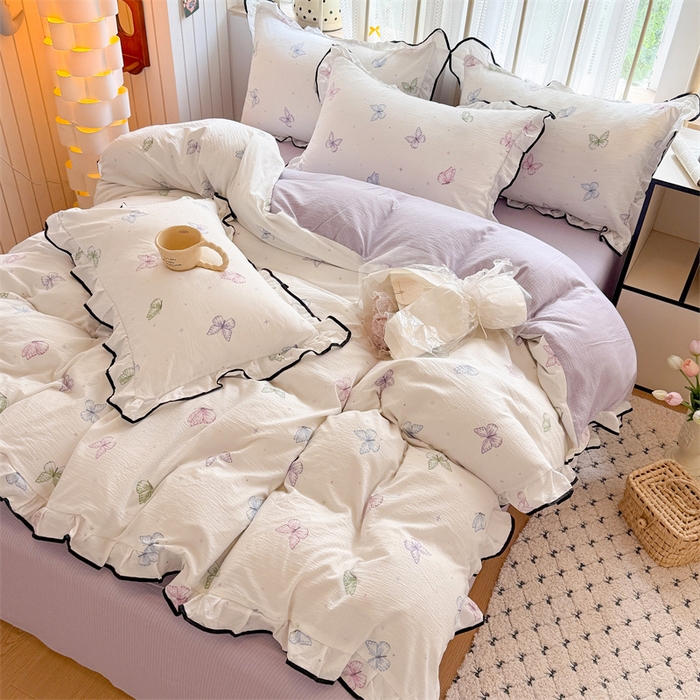 91家纺网 家纺一手货源 找家纺 森璐家纺 2025新款云感皱皱双层纱黑色包边四件套 黑边-炫彩蝴蝶