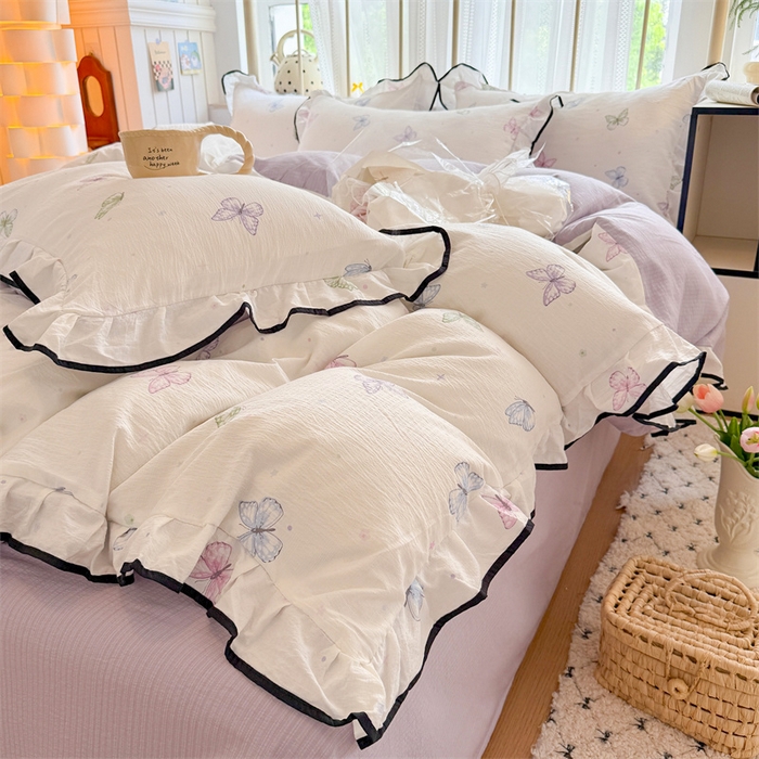 91家纺网 家纺一手货源 找家纺 森璐家纺 2025新款云感皱皱双层纱黑色包边四件套 黑边-炫彩蝴蝶