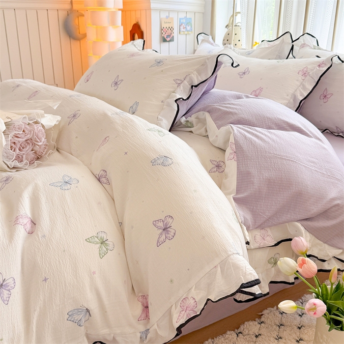 91家纺网 家纺一手货源 找家纺 森璐家纺 2025新款云感皱皱双层纱黑色包边四件套 黑边-炫彩蝴蝶