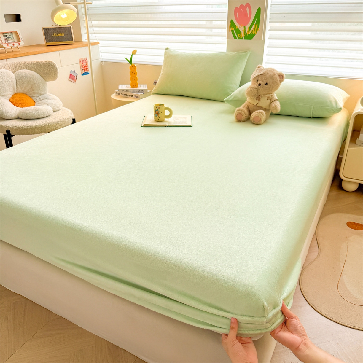 91家纺网 家纺一手货源 找家纺 （总）雯豆家纺 2025新款单层高克重牛奶绒纯色床笠素色床垫保护套