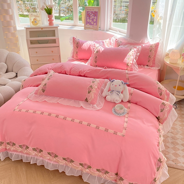 91家纺网 家纺一手货源 找家纺 （总）后庭寝室 2025新款韩版雪纺磨毛蕾丝纯色床裙四件套-遇见公主