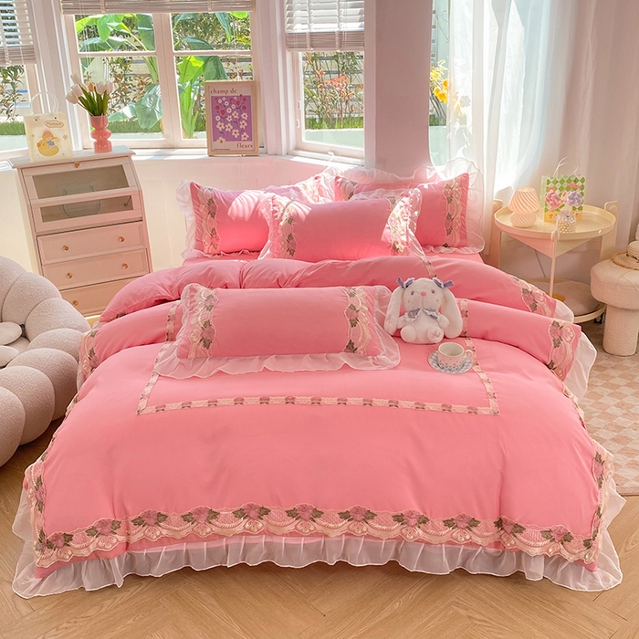 （总）后庭寝室 2025新款韩版雪纺磨毛蕾丝纯色床裙四件套-遇见公主