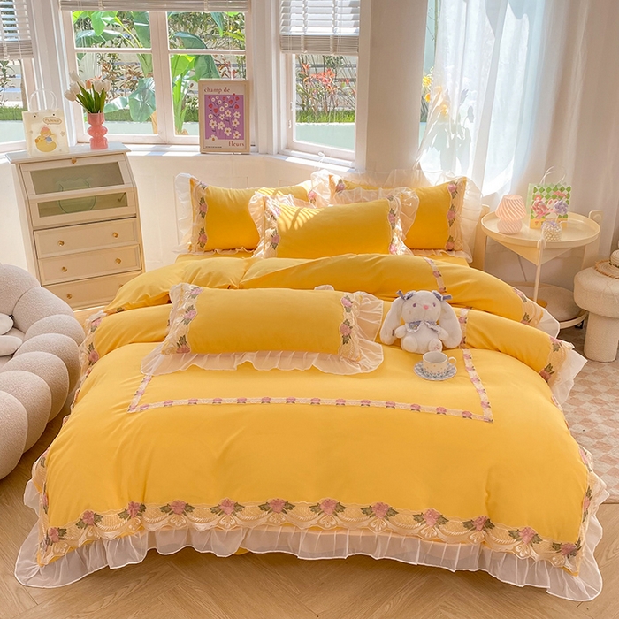 91家纺网 家纺一手货源 找家纺 （总）后庭寝室 2025新款韩版雪纺磨毛蕾丝纯色床裙四件套-遇见公主