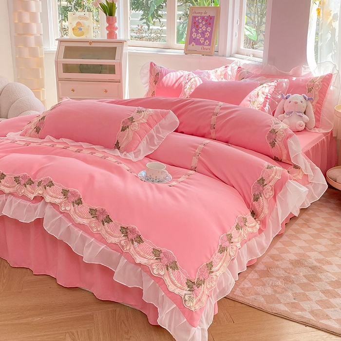 91家纺网 家纺一手货源 找家纺 （总）后庭寝室 2025新款韩版雪纺磨毛蕾丝纯色床裙四件套-遇见公主