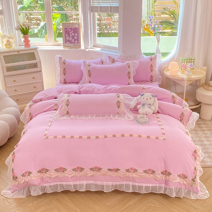 91家纺网 家纺一手货源 找家纺 （总）后庭寝室 2025新款韩版雪纺磨毛蕾丝纯色床裙四件套-遇见公主