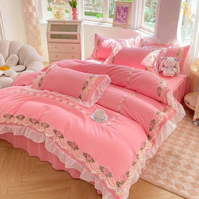 91家纺网 家纺一手货源 找家纺 （总）后庭寝室 2025新款韩版雪纺磨毛蕾丝纯色床裙四件套-遇见公主