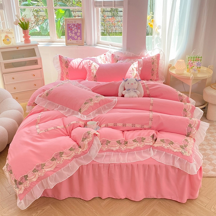 91家纺网 家纺一手货源 找家纺 （总）后庭寝室 2025新款韩版雪纺磨毛蕾丝纯色床裙四件套-遇见公主