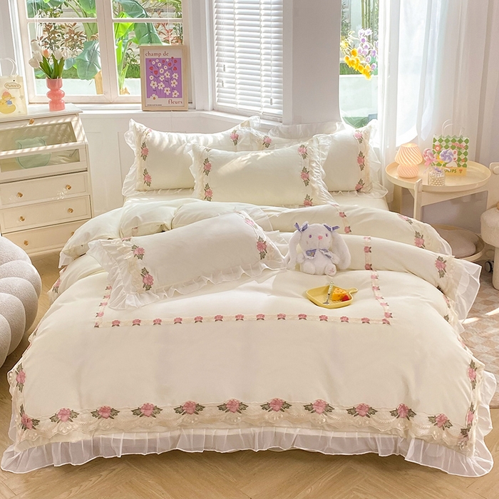 91家纺网 家纺一手货源 找家纺 （总）后庭寝室 2025新款韩版雪纺磨毛蕾丝纯色床裙四件套-遇见公主