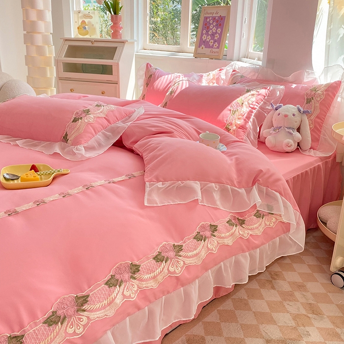 91家纺网 家纺一手货源 找家纺 （总）后庭寝室 2025新款韩版雪纺磨毛蕾丝纯色床裙四件套-遇见公主