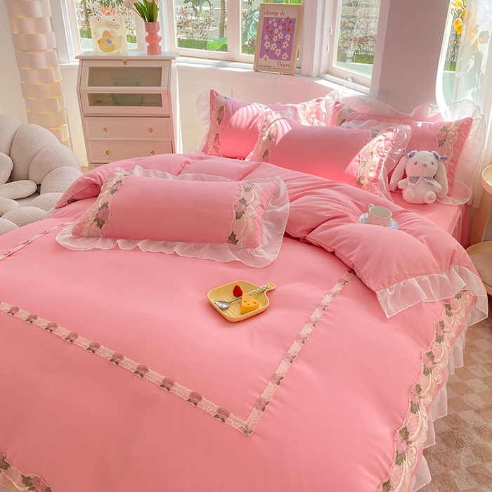 91家纺网 家纺一手货源 找家纺 （总）后庭寝室 2025新款韩版雪纺磨毛蕾丝纯色床裙四件套-遇见公主