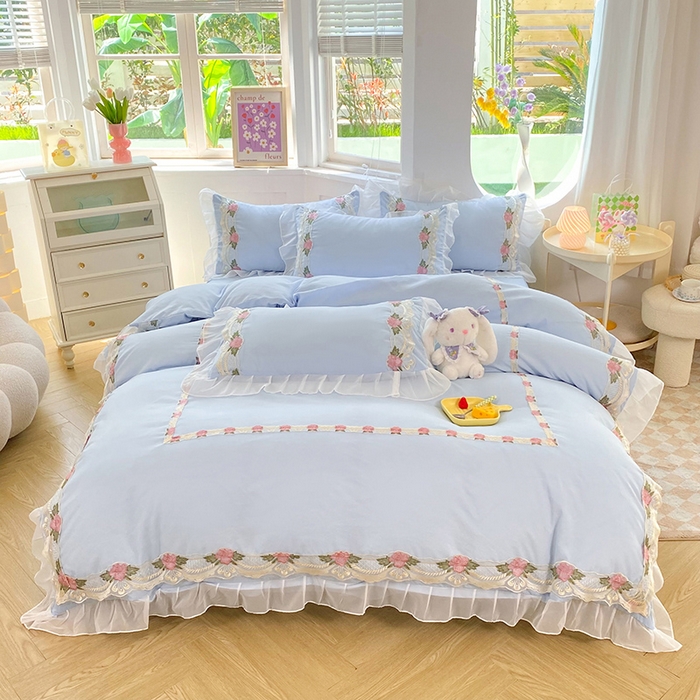 91家纺网 家纺一手货源 找家纺 （总）后庭寝室 2025新款韩版雪纺磨毛蕾丝纯色床裙四件套-遇见公主