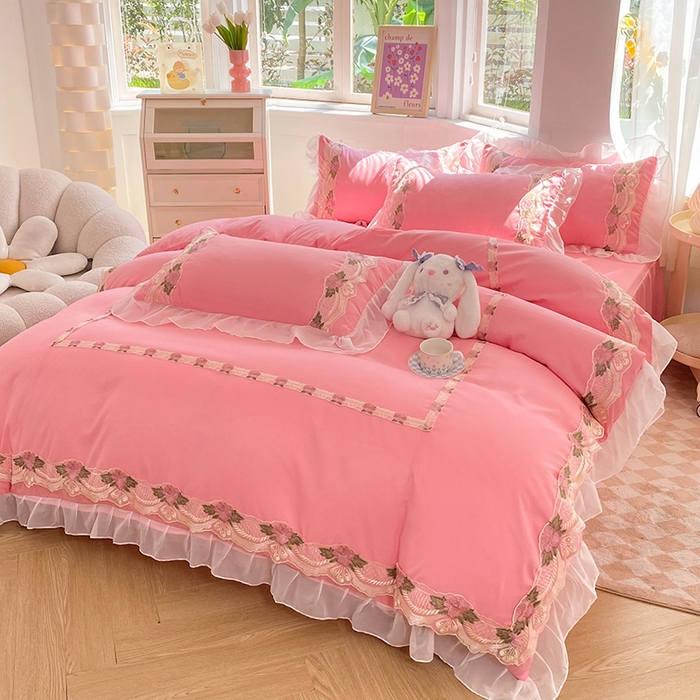 91家纺网 家纺一手货源 找家纺 （总）后庭寝室 2025新款韩版雪纺磨毛蕾丝纯色床裙四件套-遇见公主