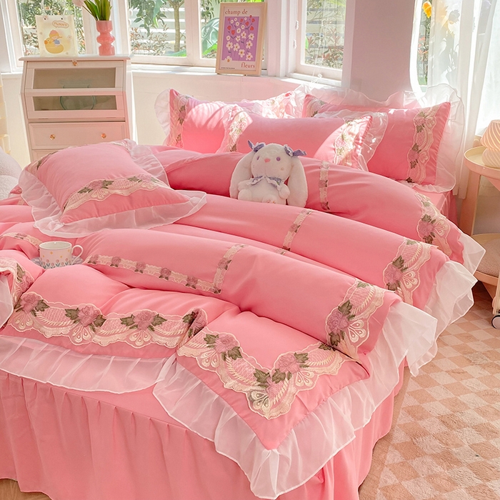 91家纺网 家纺一手货源 找家纺 （总）后庭寝室 2025新款韩版雪纺磨毛蕾丝纯色床裙四件套-遇见公主