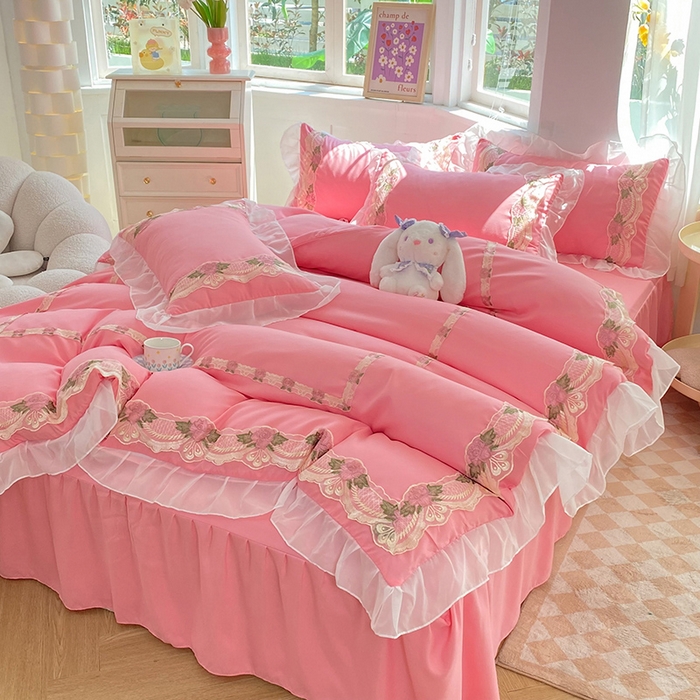 91家纺网 家纺一手货源 找家纺 （总）后庭寝室 2025新款韩版雪纺磨毛蕾丝纯色床裙四件套-遇见公主