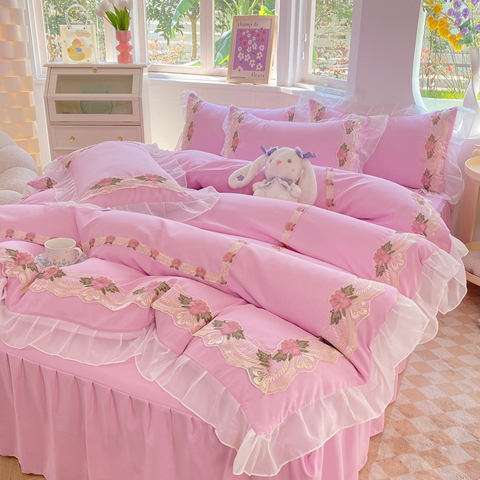 91家纺网 家纺一手货源 找家纺 后庭寝室 2025新款韩版雪纺磨毛蕾丝纯色床裙四件套-遇见公主 遇见公主-粉色