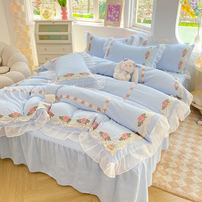 91家纺网 家纺一手货源 找家纺 后庭寝室 2025新款韩版雪纺磨毛蕾丝纯色床裙四件套-遇见公主 遇见公主-浅蓝