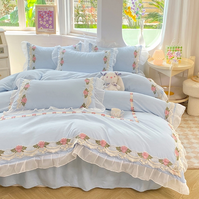 91家纺网 家纺一手货源 找家纺 后庭寝室 2025新款韩版雪纺磨毛蕾丝纯色床裙四件套-遇见公主 遇见公主-浅蓝