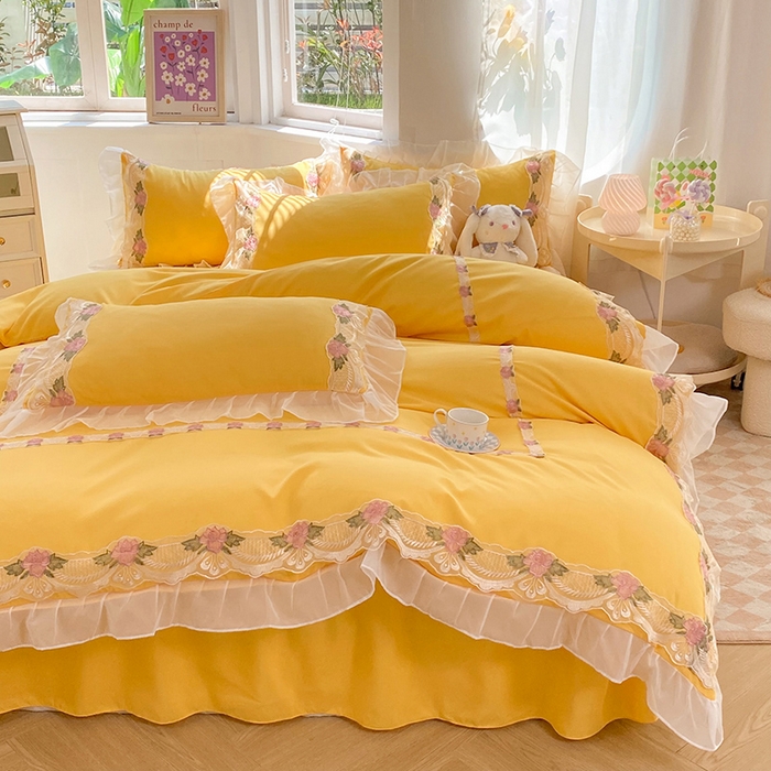 91家纺网 家纺一手货源 找家纺 后庭寝室 2025新款韩版雪纺磨毛蕾丝纯色床裙四件套-遇见公主 遇见公主-金黄