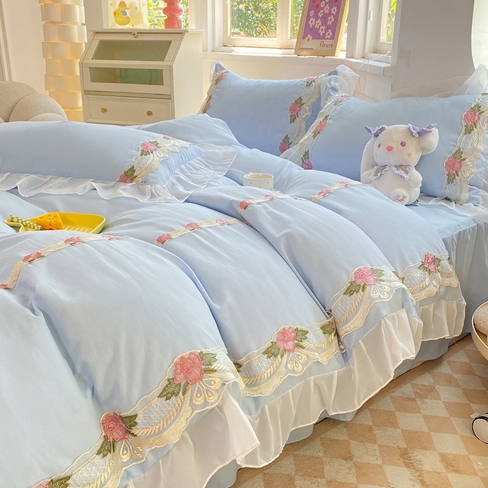 91家纺网 家纺一手货源 找家纺 后庭寝室 2025新款韩版雪纺磨毛蕾丝纯色床裙四件套-遇见公主 遇见公主-浅蓝