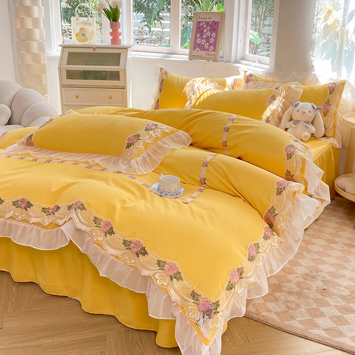 91家纺网 家纺一手货源 找家纺 后庭寝室 2025新款韩版雪纺磨毛蕾丝纯色床裙四件套-遇见公主 遇见公主-金黄