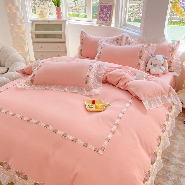 91家纺网 家纺一手货源 找家纺 后庭寝室 2025新款韩版雪纺磨毛蕾丝纯色床裙四件套-遇见公主 遇见公主-玉色