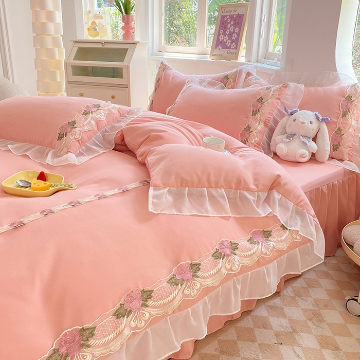 91家纺网 家纺一手货源 找家纺 后庭寝室 2025新款韩版雪纺磨毛蕾丝纯色床裙四件套-遇见公主 遇见公主-玉色