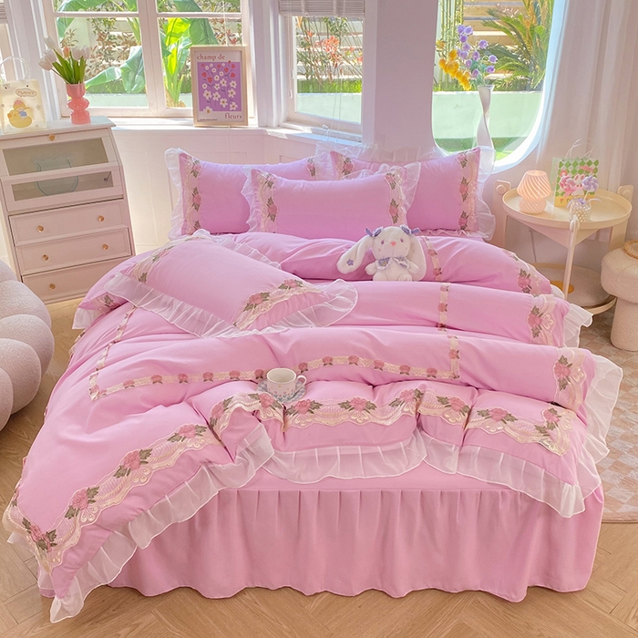 91家纺网 家纺一手货源 找家纺 后庭寝室 2025新款韩版雪纺磨毛蕾丝纯色床裙四件套-遇见公主 遇见公主-粉色