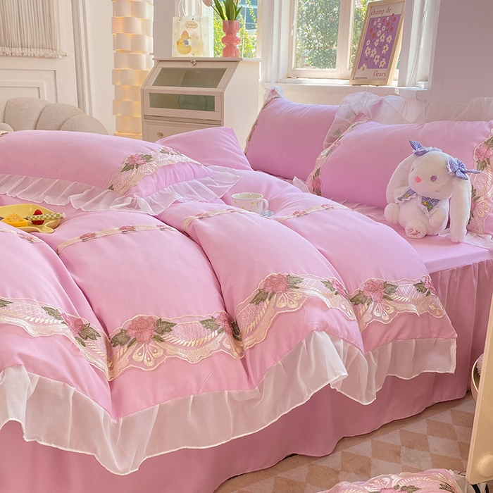 91家纺网 家纺一手货源 找家纺 后庭寝室 2025新款韩版雪纺磨毛蕾丝纯色床裙四件套-遇见公主 遇见公主-粉色