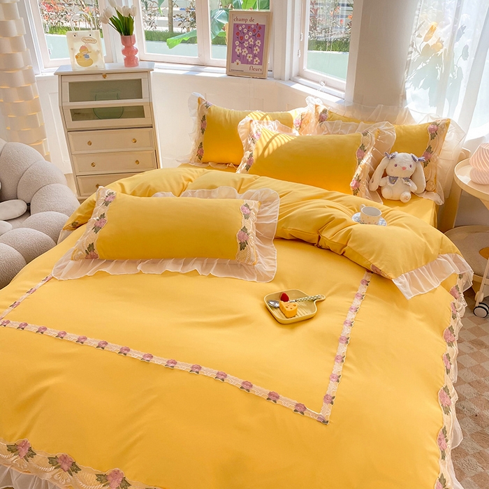 91家纺网 家纺一手货源 找家纺 后庭寝室 2025新款韩版雪纺磨毛蕾丝纯色床裙四件套-遇见公主 遇见公主-金黄