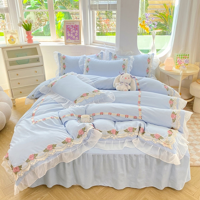 91家纺网 家纺一手货源 找家纺 后庭寝室 2025新款韩版雪纺磨毛蕾丝纯色床裙四件套-遇见公主 遇见公主-浅蓝