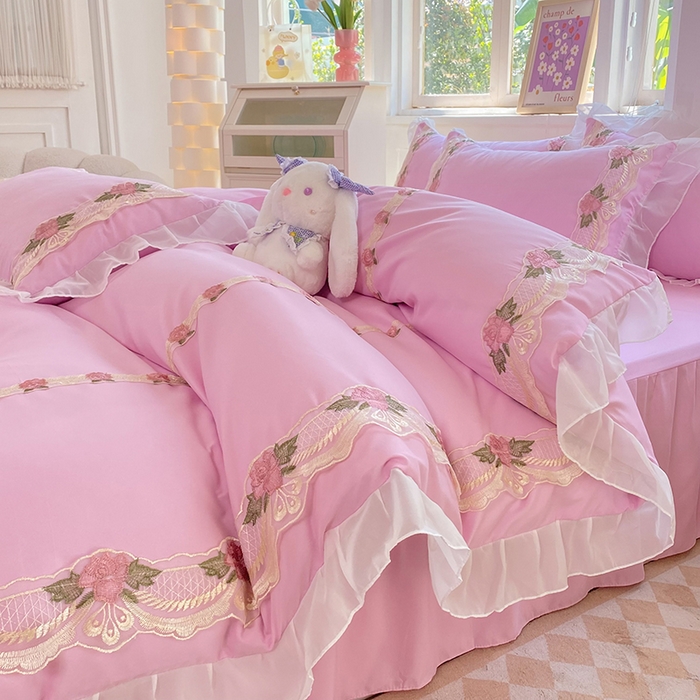 91家纺网 家纺一手货源 找家纺 后庭寝室 2025新款韩版雪纺磨毛蕾丝纯色床裙四件套-遇见公主 遇见公主-粉色