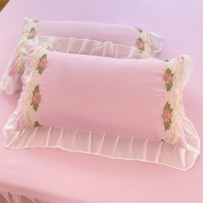 91家纺网 家纺一手货源 找家纺 后庭寝室 2025新款韩版雪纺磨毛蕾丝纯色床裙四件套-遇见公主 遇见公主-粉色