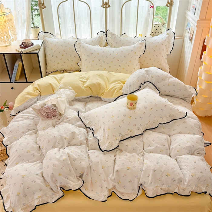 森璐家纺 2025新款云感皱皱双层纱黑色包边四件套 黑边-樱桃小花