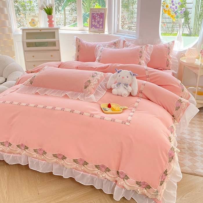 91家纺网 家纺一手货源 找家纺 后庭寝室 2025新款韩版雪纺磨毛蕾丝纯色床裙四件套-遇见公主 遇见公主-玉色