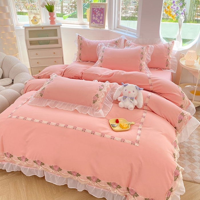 91家纺网 家纺一手货源 找家纺 后庭寝室 2025新款韩版雪纺磨毛蕾丝纯色床裙四件套-遇见公主 遇见公主-玉色