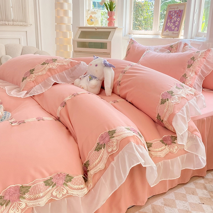 91家纺网 家纺一手货源 找家纺 后庭寝室 2025新款韩版雪纺磨毛蕾丝纯色床裙四件套-遇见公主 遇见公主-玉色