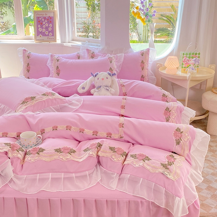 91家纺网 家纺一手货源 找家纺 后庭寝室 2025新款韩版雪纺磨毛蕾丝纯色床裙四件套-遇见公主 遇见公主-粉色