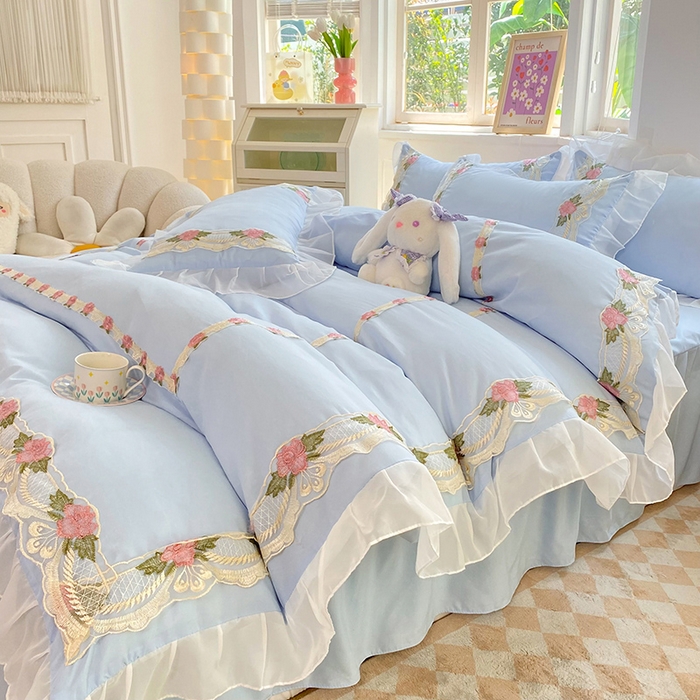 91家纺网 家纺一手货源 找家纺 后庭寝室 2025新款韩版雪纺磨毛蕾丝纯色床裙四件套-遇见公主 遇见公主-浅蓝