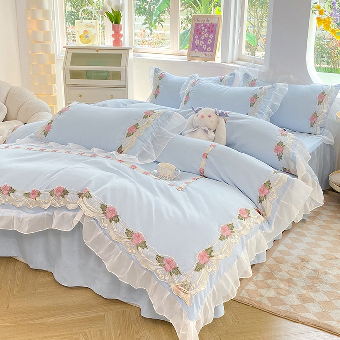 91家纺网 家纺一手货源 找家纺 后庭寝室 2025新款韩版雪纺磨毛蕾丝纯色床裙四件套-遇见公主 遇见公主-浅蓝